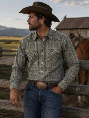 Blue Ranchwear Men's Large Western Plaid Pearl Snap Shirt Sage Green Cotton
